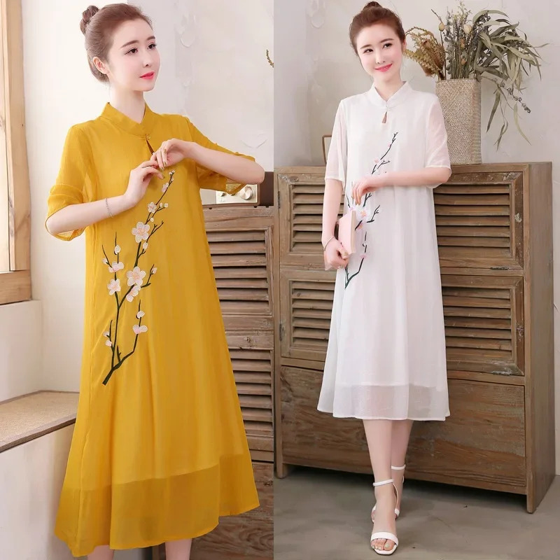 Ao Dai Vietnam Dress - Blanco chino Qipao Cheongsam tradicional Qi